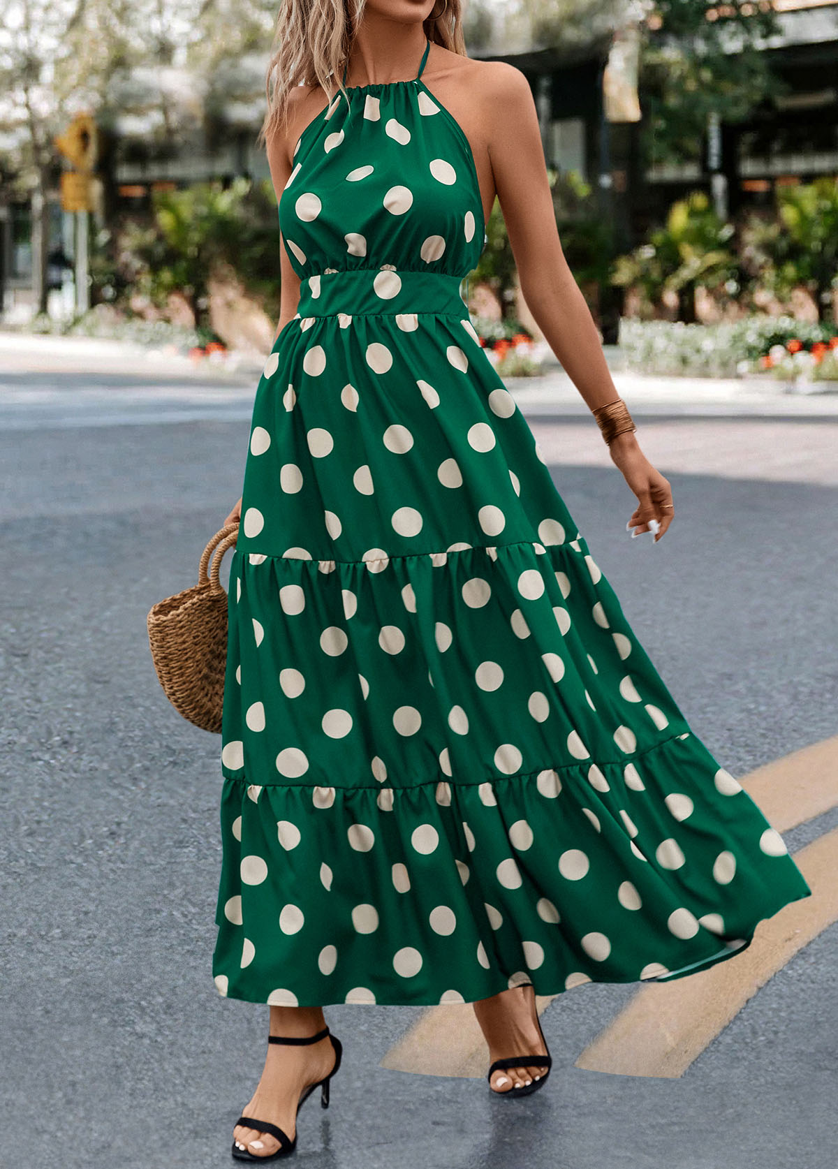 Green dresses,Dot dresses,Tie Polka Dot Green Halter Strappy Maxi Dress