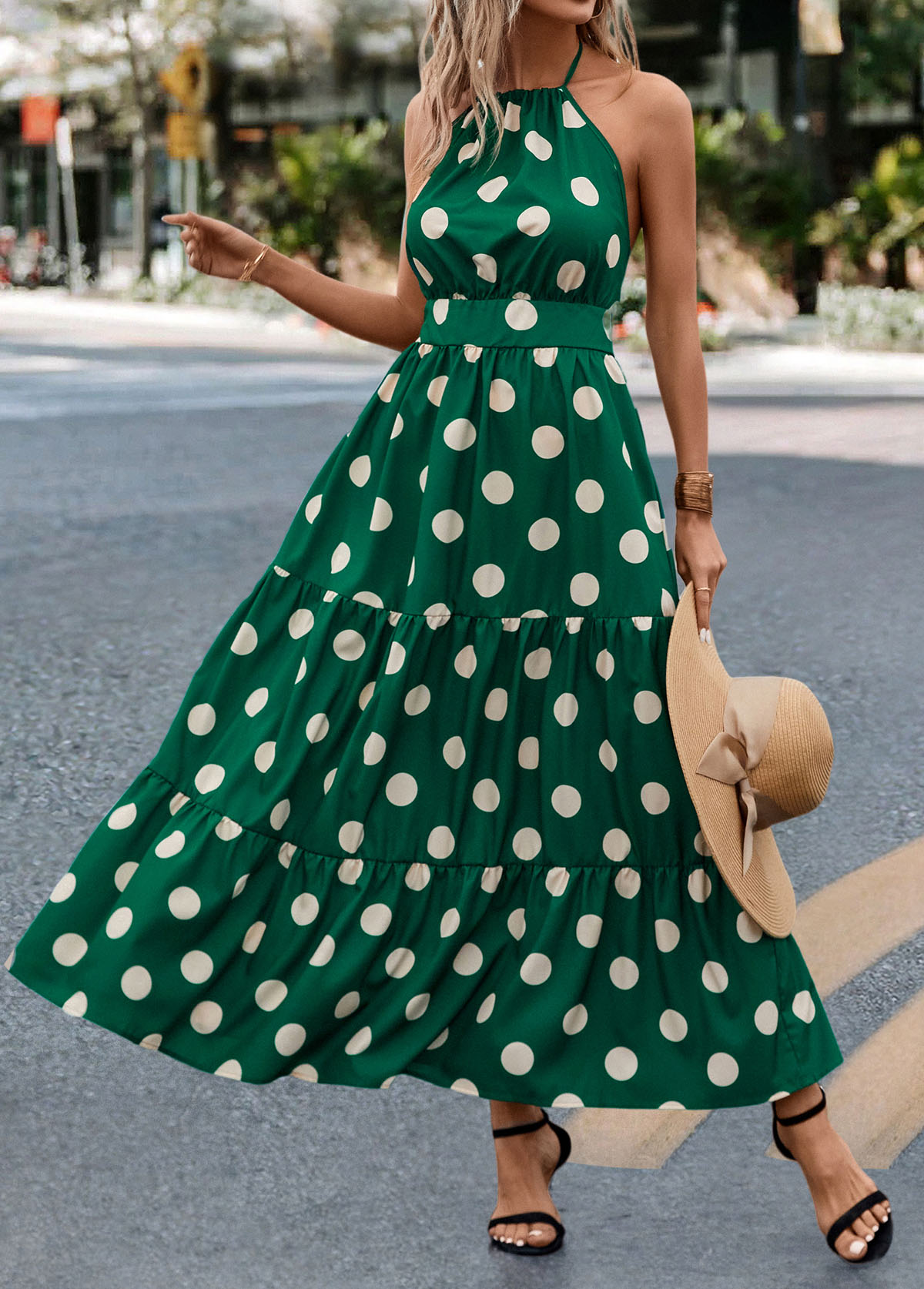 Green dresses,Dot dresses,Tie Polka Dot Green Halter Strappy Maxi Dress