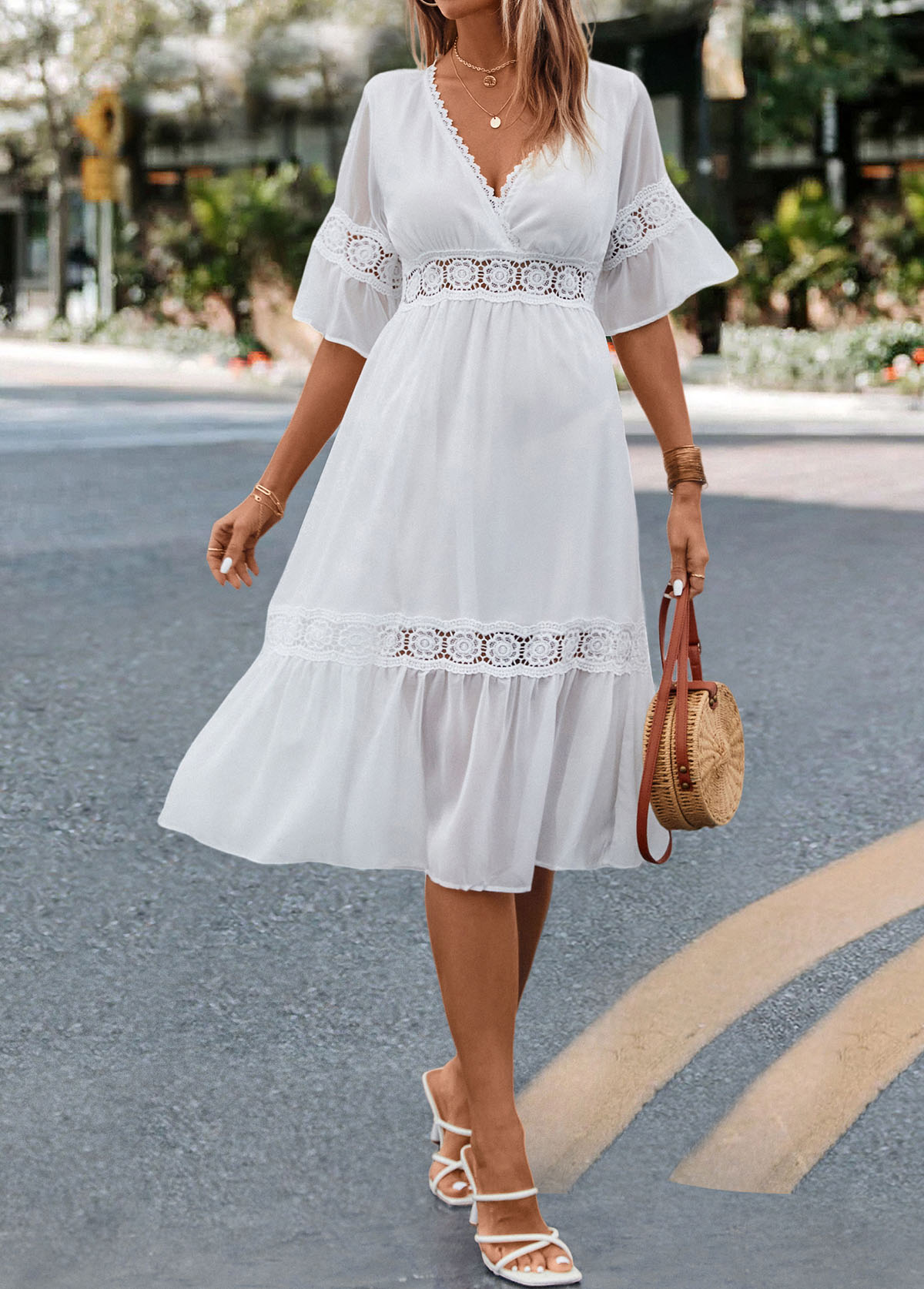 White dresses,Plain Color dresses,Patchwork White V Neck Half Sleeve Dress