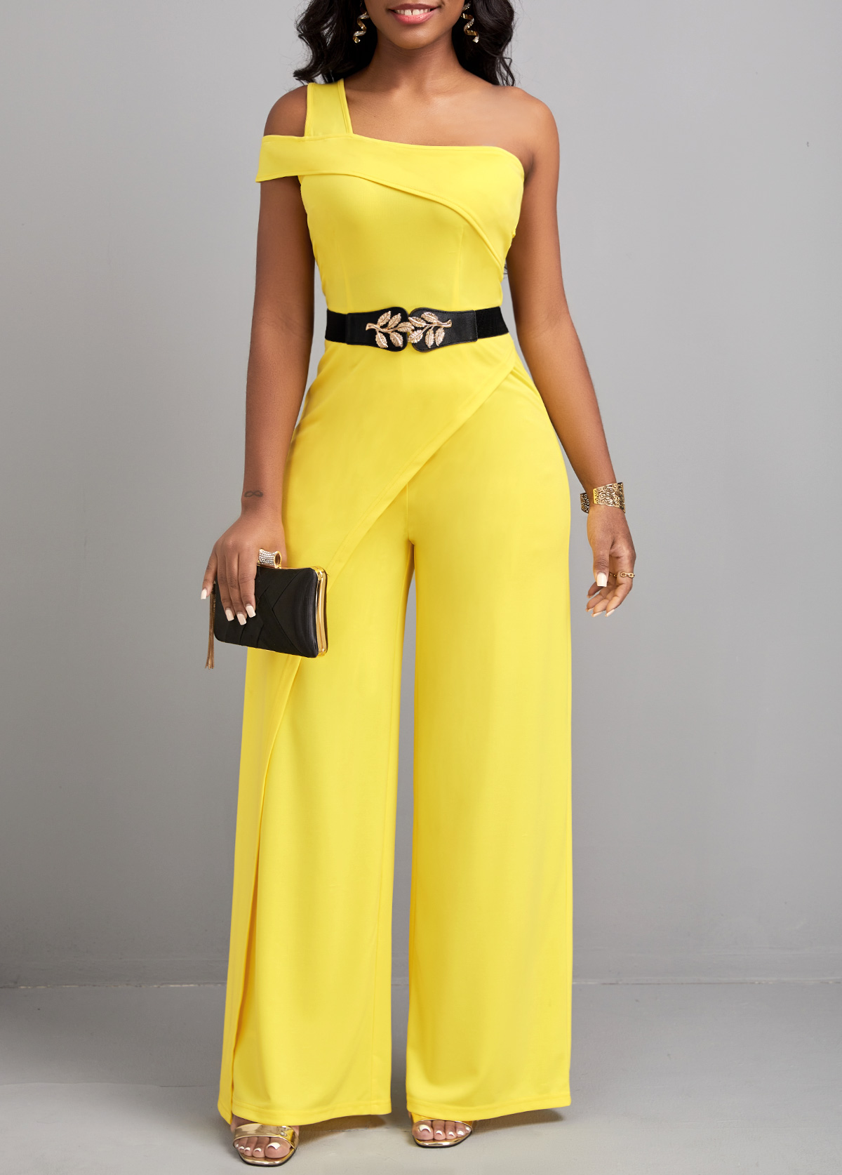 ROTITA Zipper Patchwork Yellow Long One Shoulder Jumpsuit