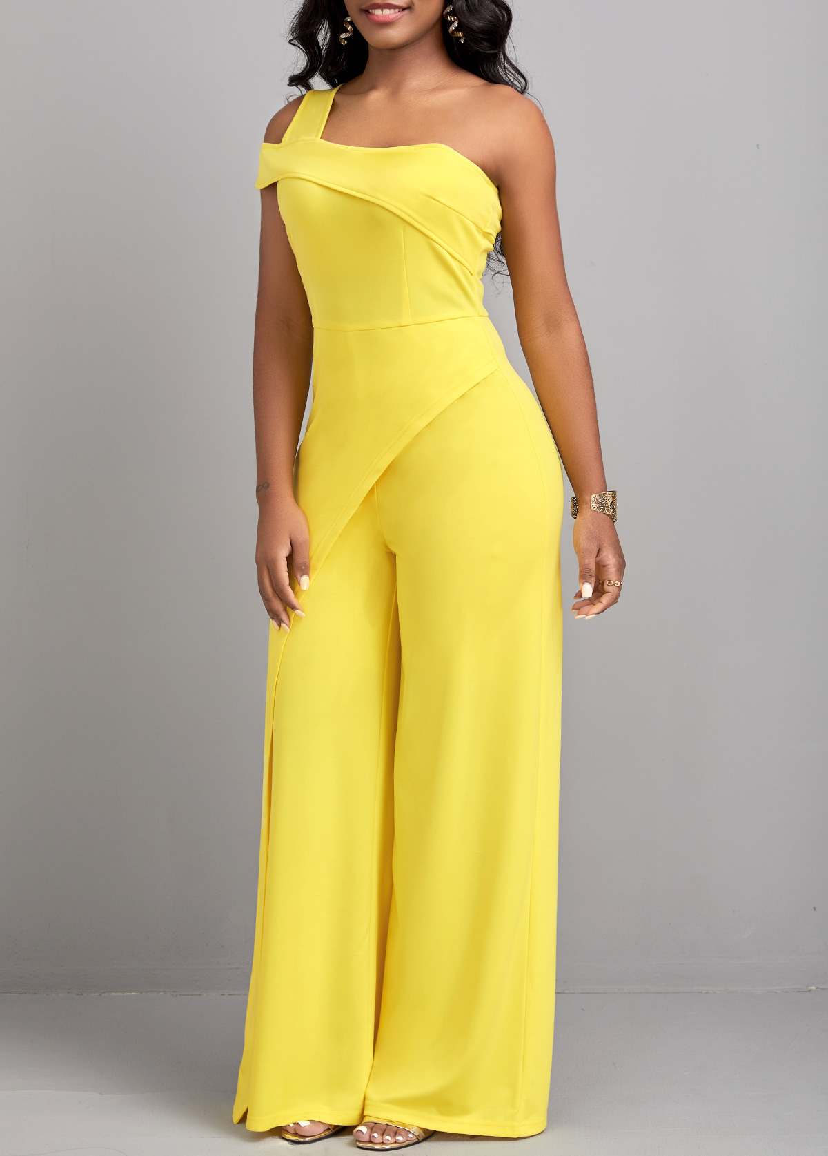 Yellow jumpsuits & rompers,Plain Color jumpsuits & rompers,ROTITA Zipper Patchwork Yellow Long One Shoulder Jumpsuit