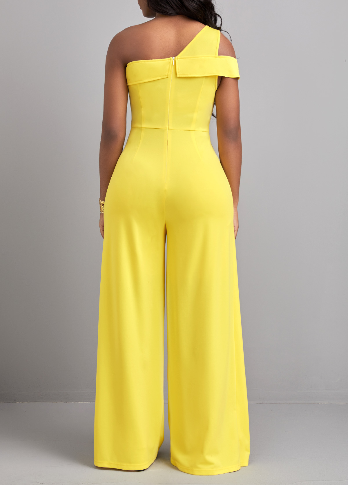 Yellow jumpsuits & rompers,Plain Color jumpsuits & rompers,ROTITA Zipper Patchwork Yellow Long One Shoulder Jumpsuit