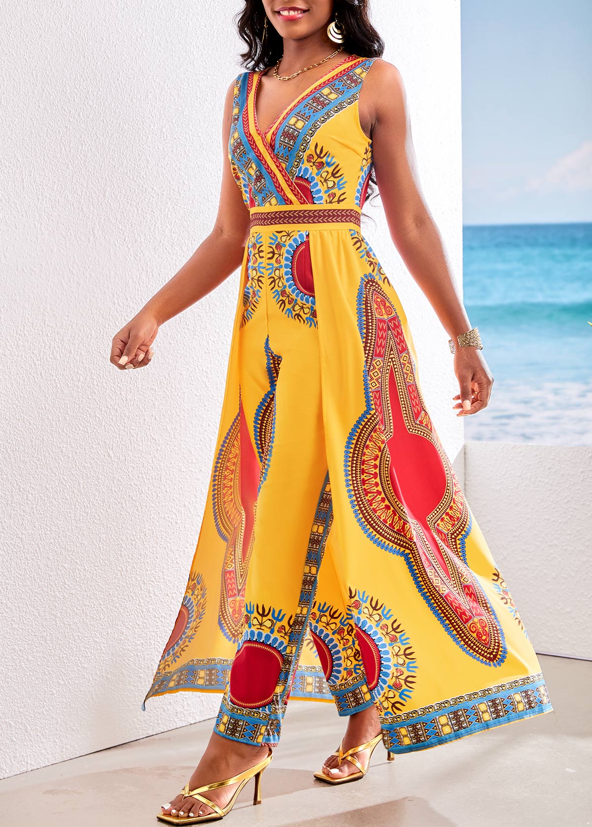 ROTITA Patchwork African Tribal Print Yellow Ankle Length Jumpsuit