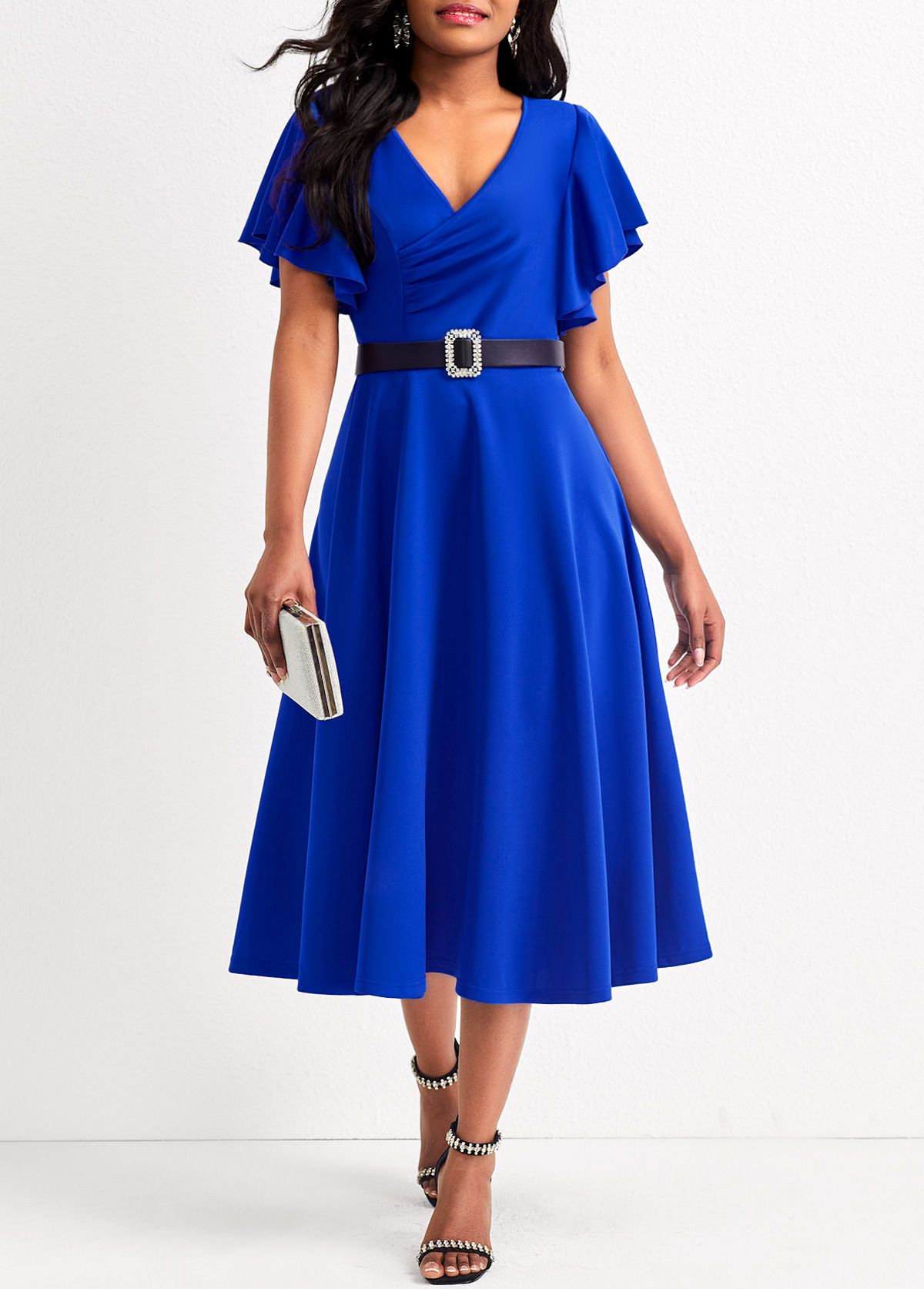 ROTITA Smocked Royal Blue V Neck Short Sleeve Dress
