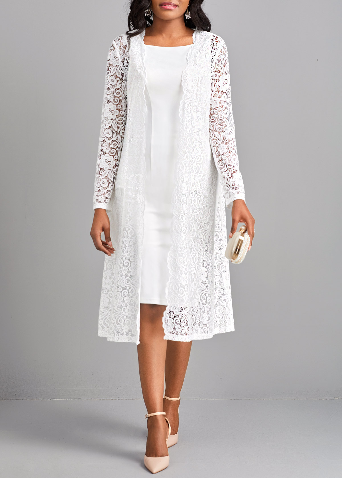 ROTITA Lace White Two Piece Suit Square Neck Dress