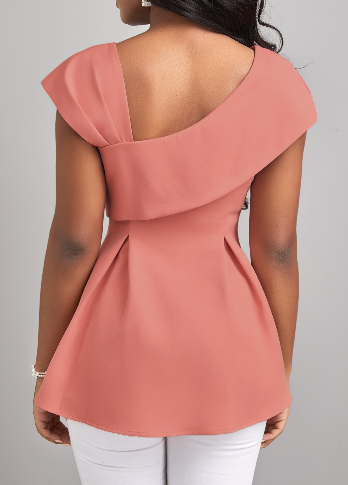 Pink tops,Plain Color tops,ROTITA Pink Asymmetrical Neck Short Sleeve Blouse