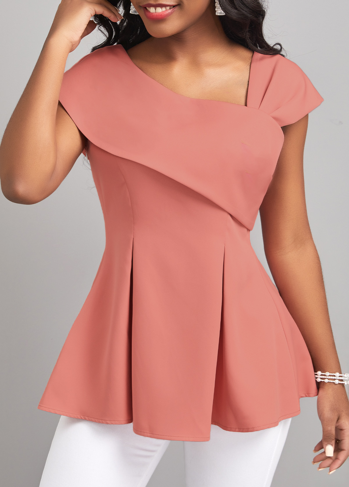 Pink tops,Plain Color tops,ROTITA Pink Asymmetrical Neck Short Sleeve Blouse
