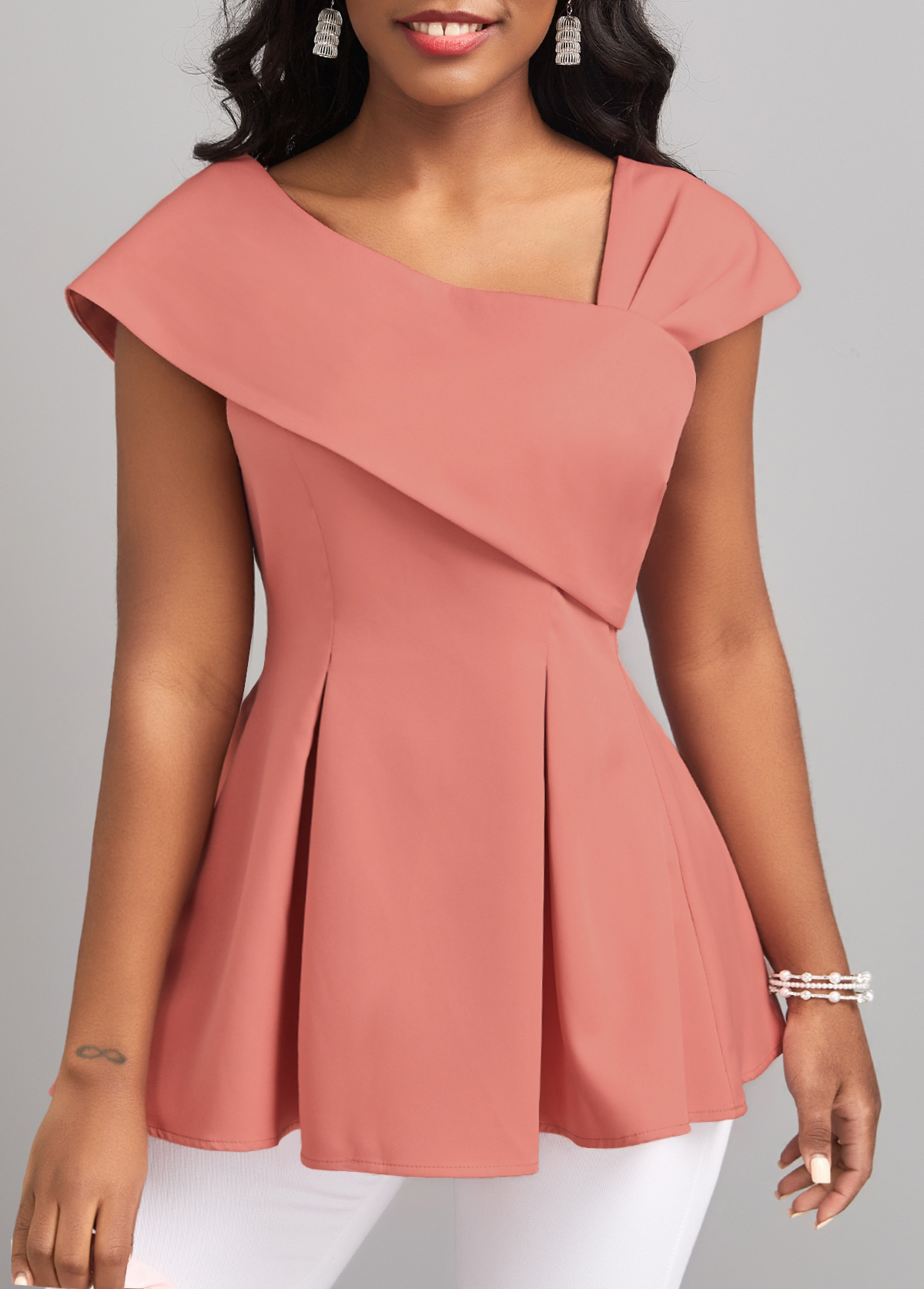 Pink tops,Plain Color tops,ROTITA Pink Asymmetrical Neck Short Sleeve Blouse