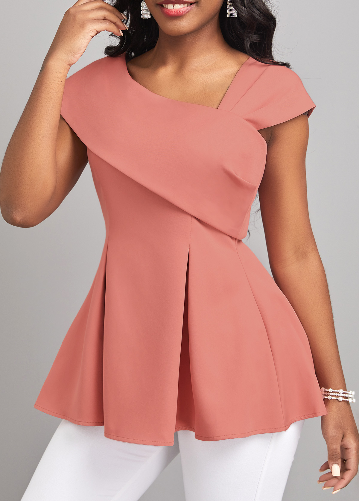 Pink tops,Plain Color tops,ROTITA Pink Asymmetrical Neck Short Sleeve Blouse