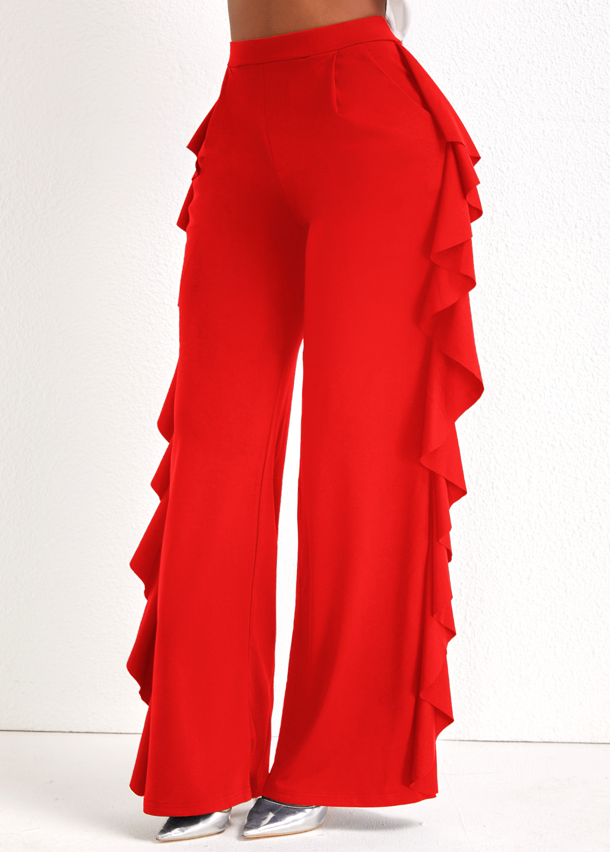 Red bottoms,Plain Color bottoms,Ruffle Wide Leg Red High Waisted Pants
