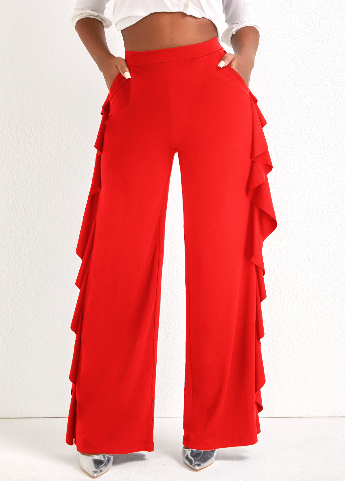 Red bottoms,Plain Color bottoms,Ruffle Wide Leg Red High Waisted Pants