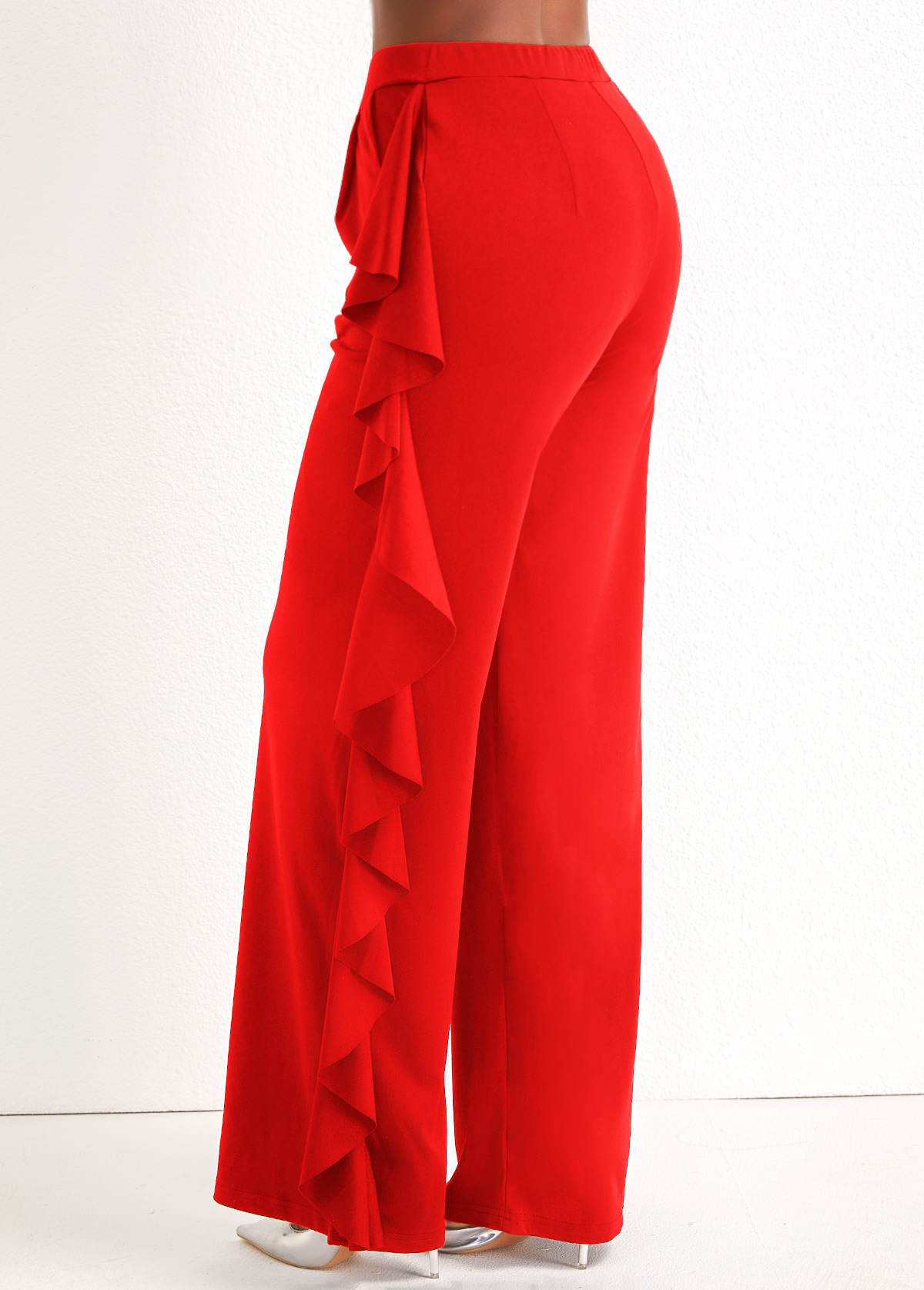 Red bottoms,Plain Color bottoms,Ruffle Wide Leg Red High Waisted Pants