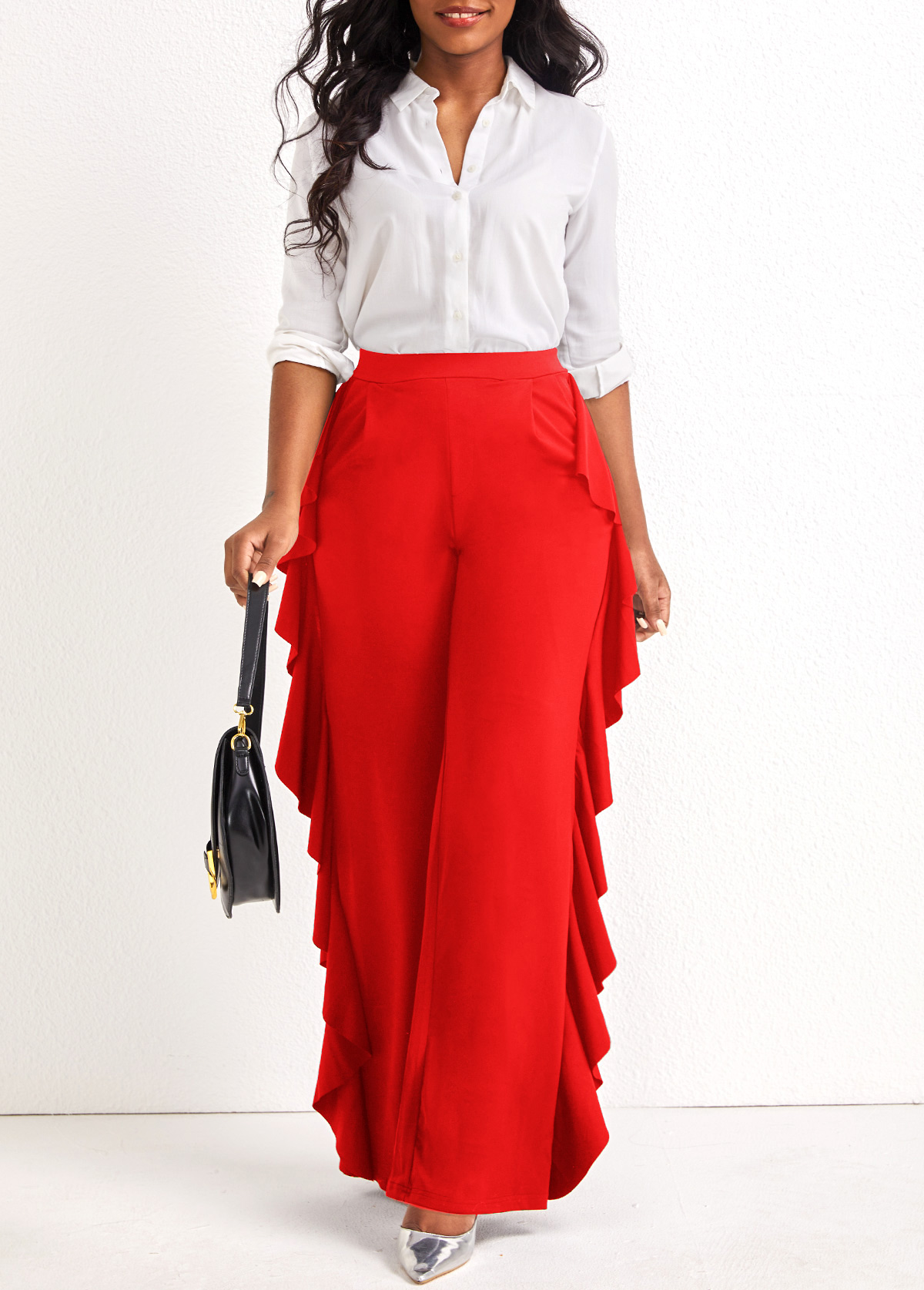 Red bottoms,Plain Color bottoms,Ruffle Wide Leg Red High Waisted Pants