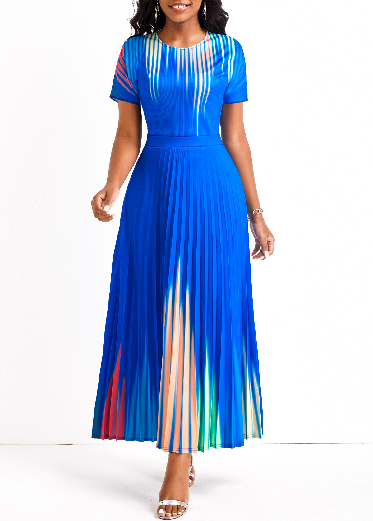 ROTITA Pleated Ombre Royal Blue Round Neck Maxi Dress