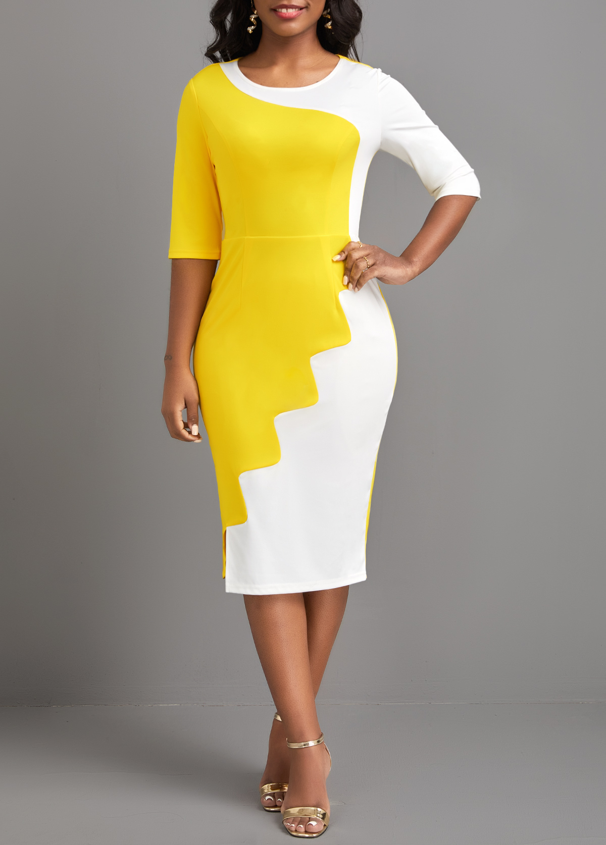 Yellow dresses,White dresses,Plain Color dresses,ROTITA Patchwork Yellow Round Neck Half Sleeve Bodycon Dress