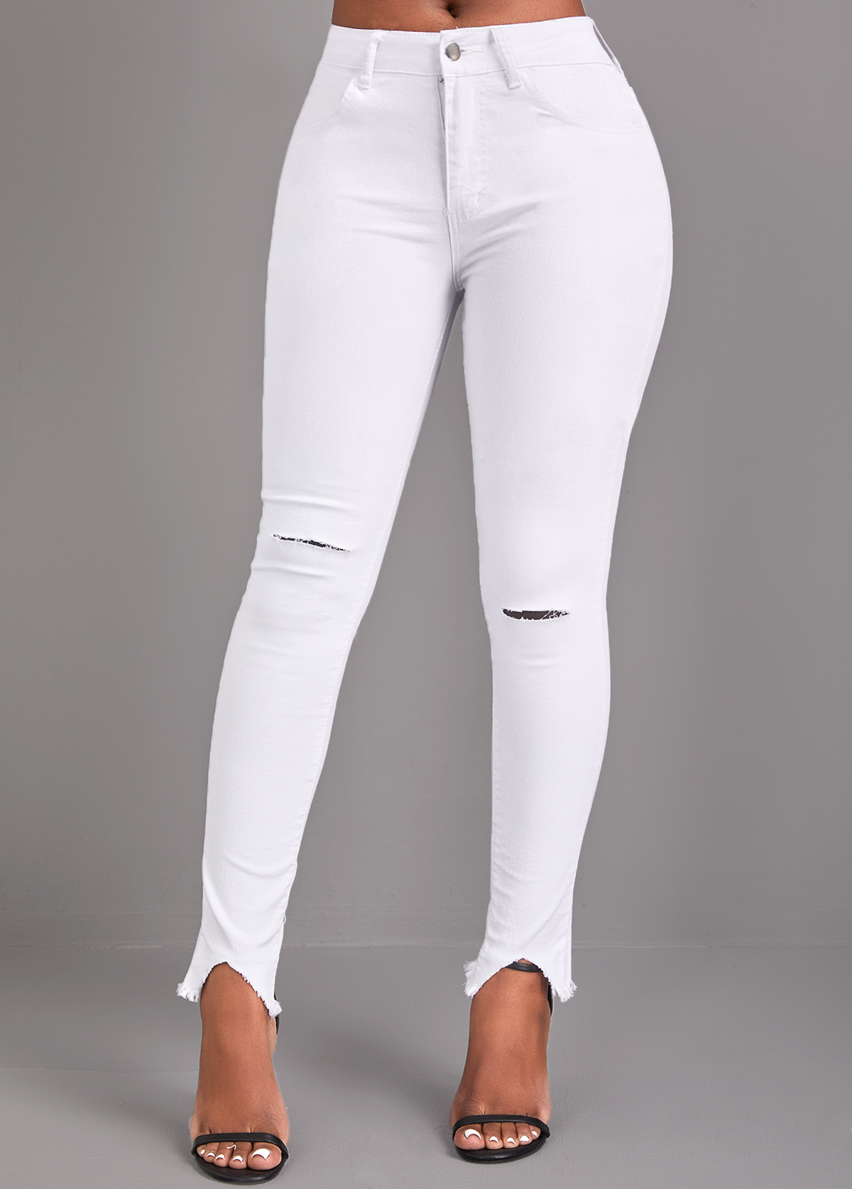 White bottoms,Plain Color bottoms,Button White Skinny High Waisted Jeans
