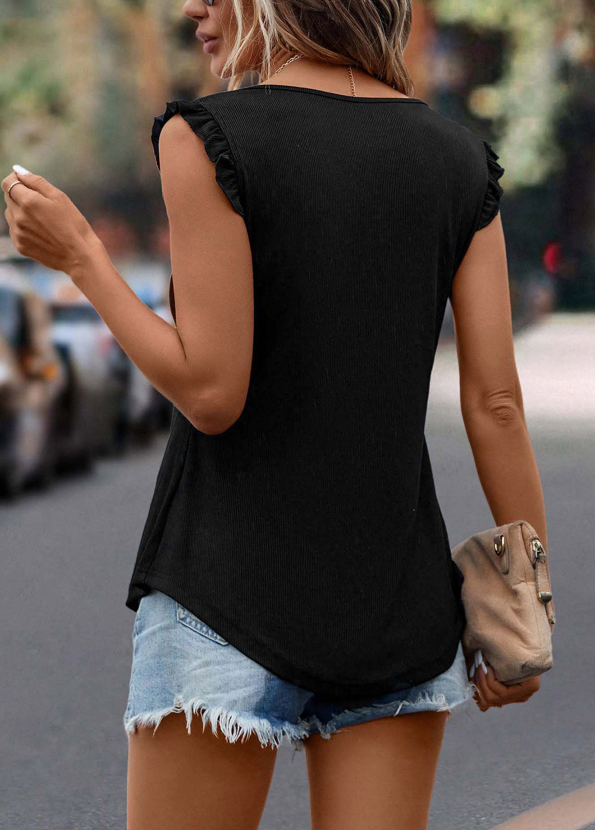 Black tops,Plain Color tops,Frill Black Split Neck Tank Top