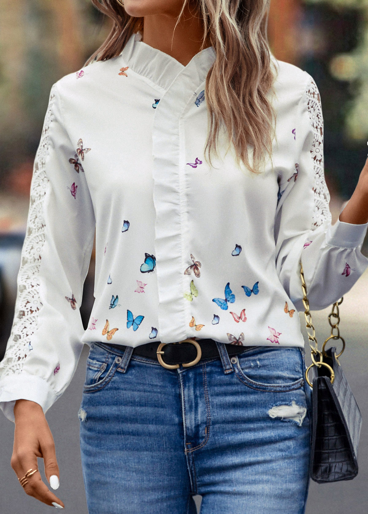 White tops,Animal Print tops,Patchwork Butterfly Print White Round Neck Blouse