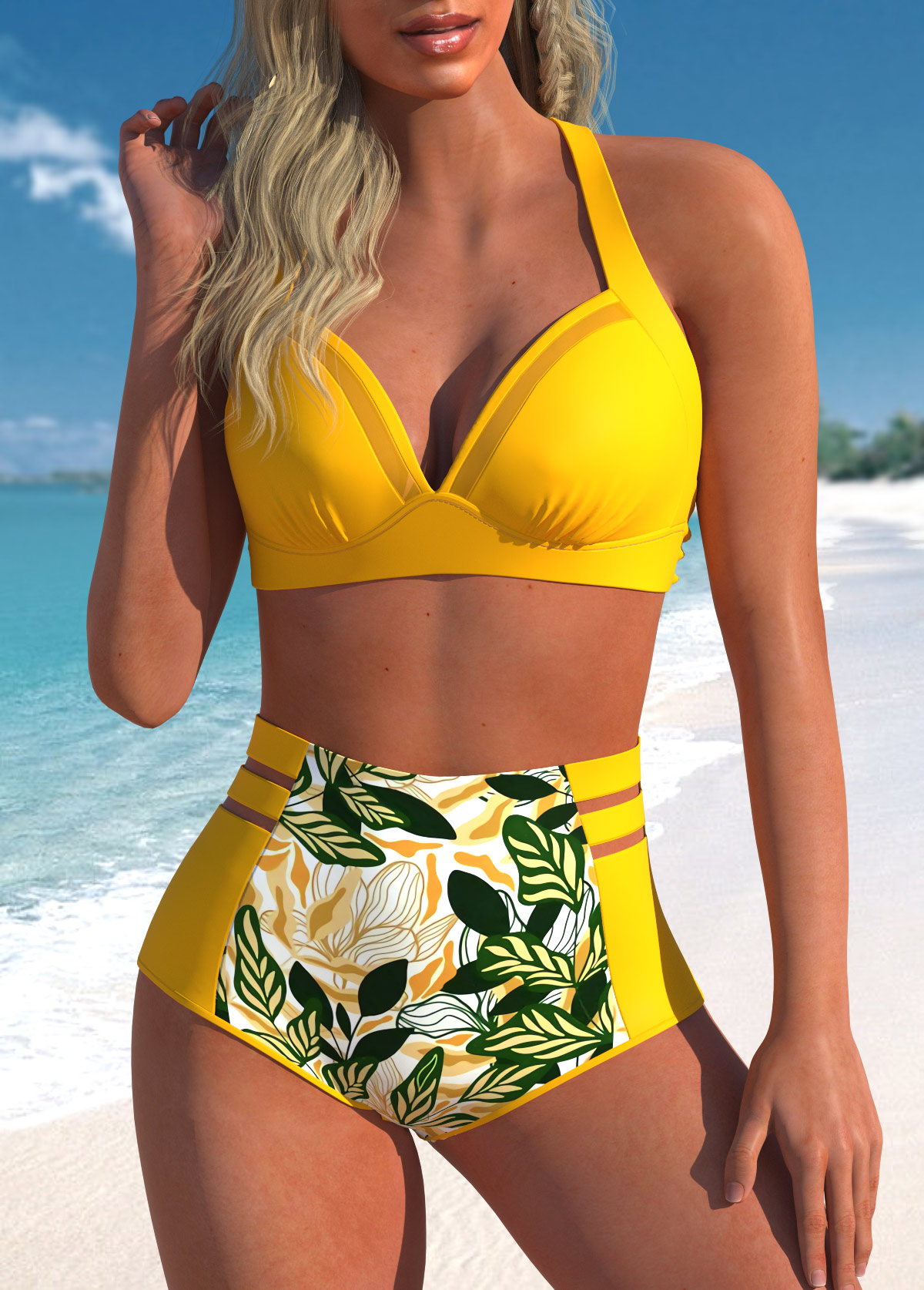 Mesh Yellow Leaf Print Bikini Set