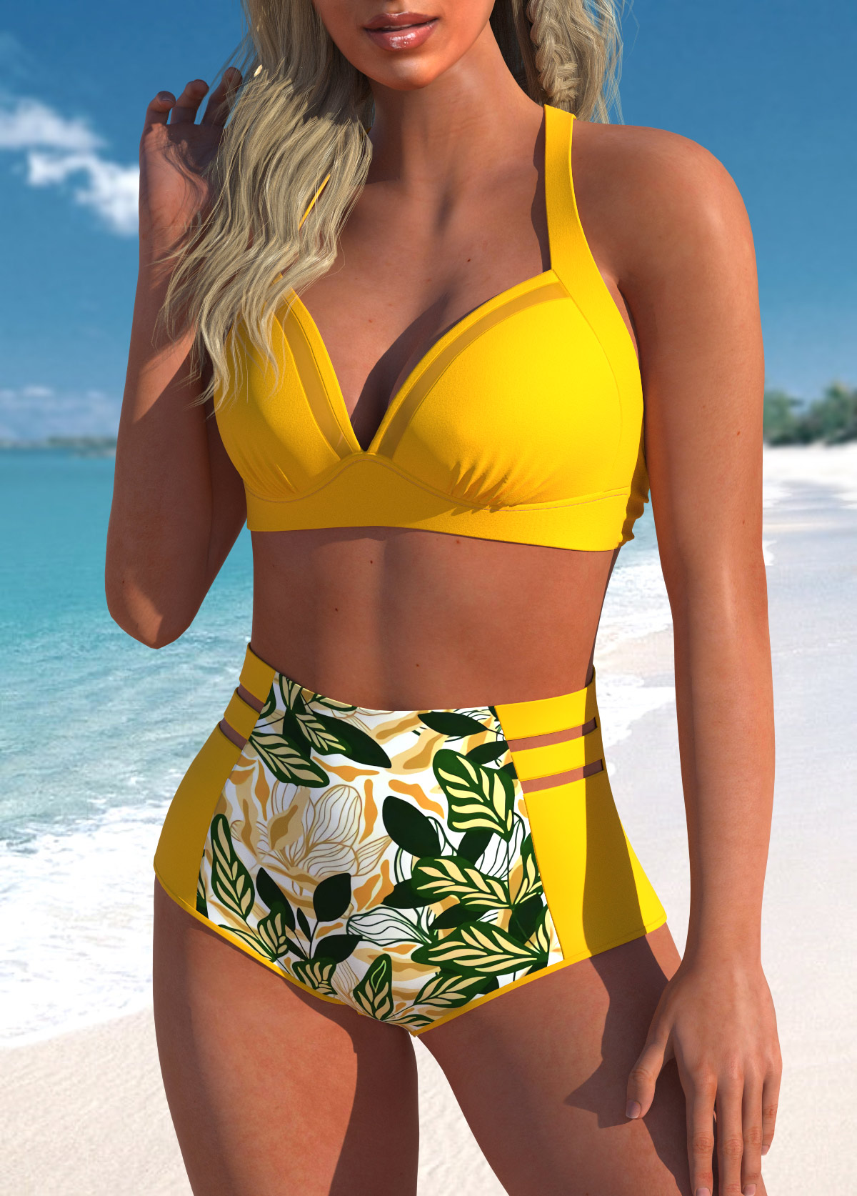 Yellow swimwear,Plants swimwear,ROTITA Mesh Yellow Leaf Print Bikini Top