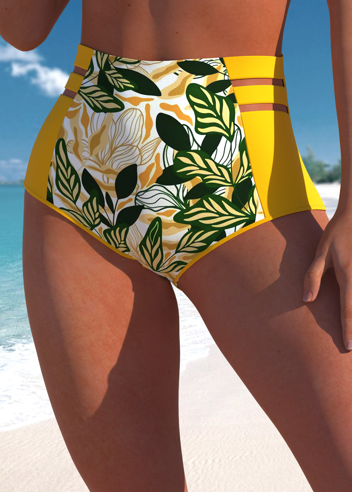 Yellow swimwear,Plants swimwear,ROTITA Yellow Leaf Print High Waisted Bikini Bottom