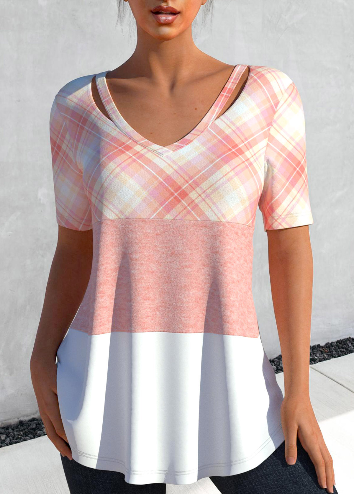 ROTITA Cut Out Plaid Light Pink T Shirt