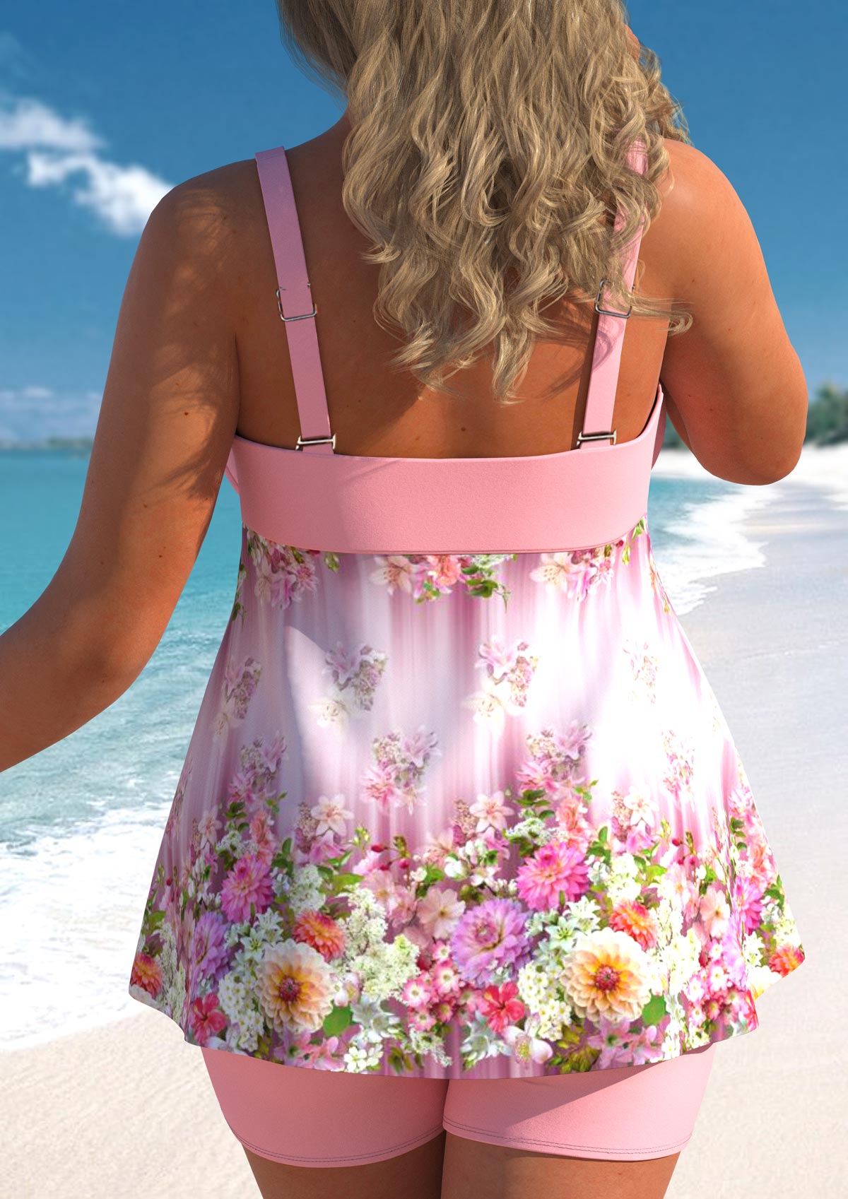 Light Pink plus size,Floral plus size,Plants plus size,ROTITA Plus Size Bowknot Floral Print Tankini Top