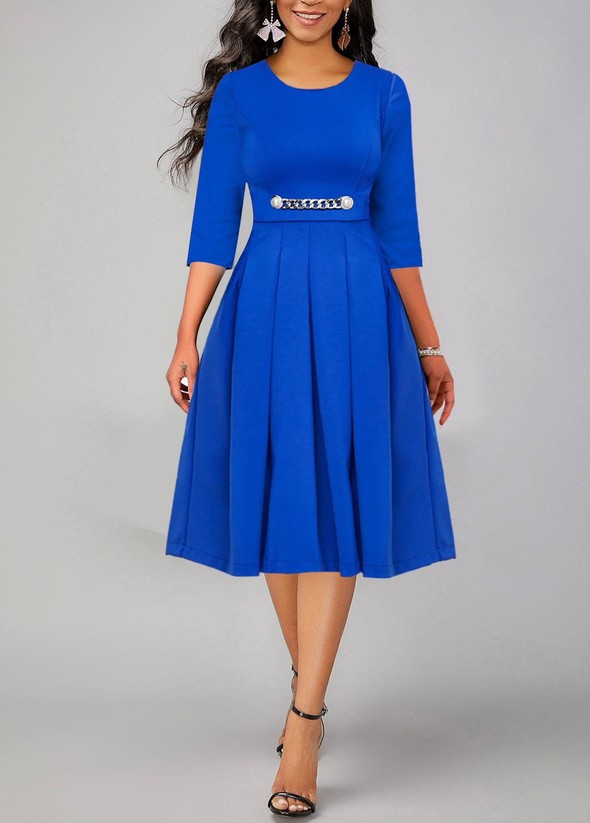 ROTITA Pearl 3/4 Sleeve Blue Round Neck Dress