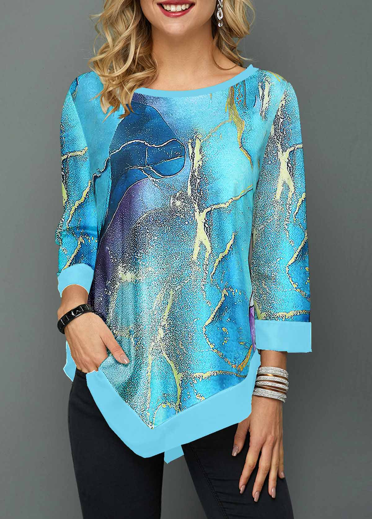 Cyan tops,Ombre tops,ROTITA Patchwork Ombre Cyan Round Neck T Shirt