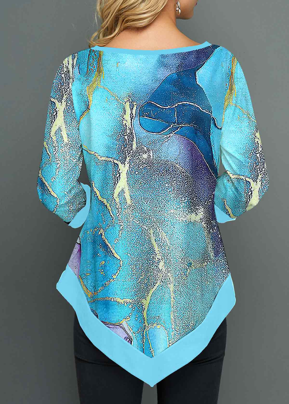 Cyan tops,Ombre tops,ROTITA Patchwork Ombre Cyan Round Neck T Shirt