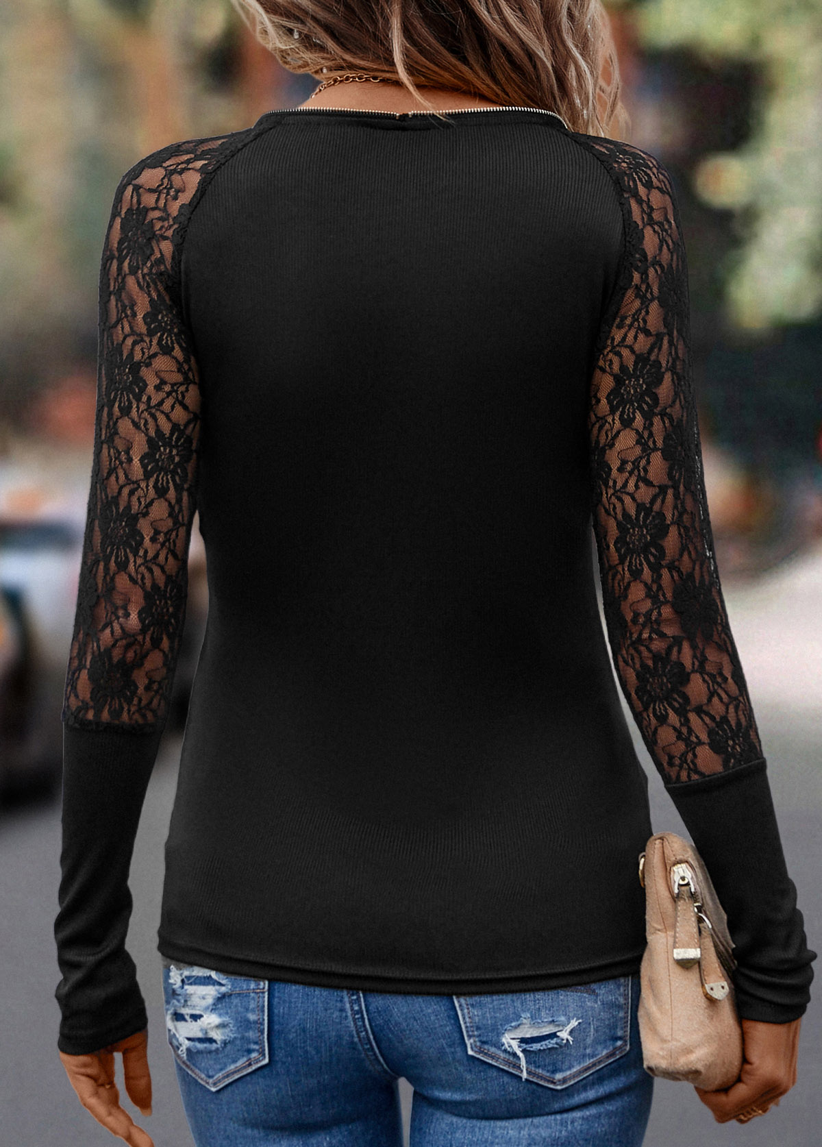 Black tops,Plain Color tops,Black V Neck Long Sleeve Patchwork T Shirt
