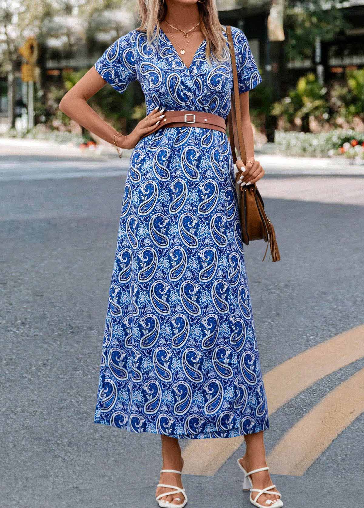 Blue dresses,Paisley dresses,Split Paisley Print Blue Belted Dress