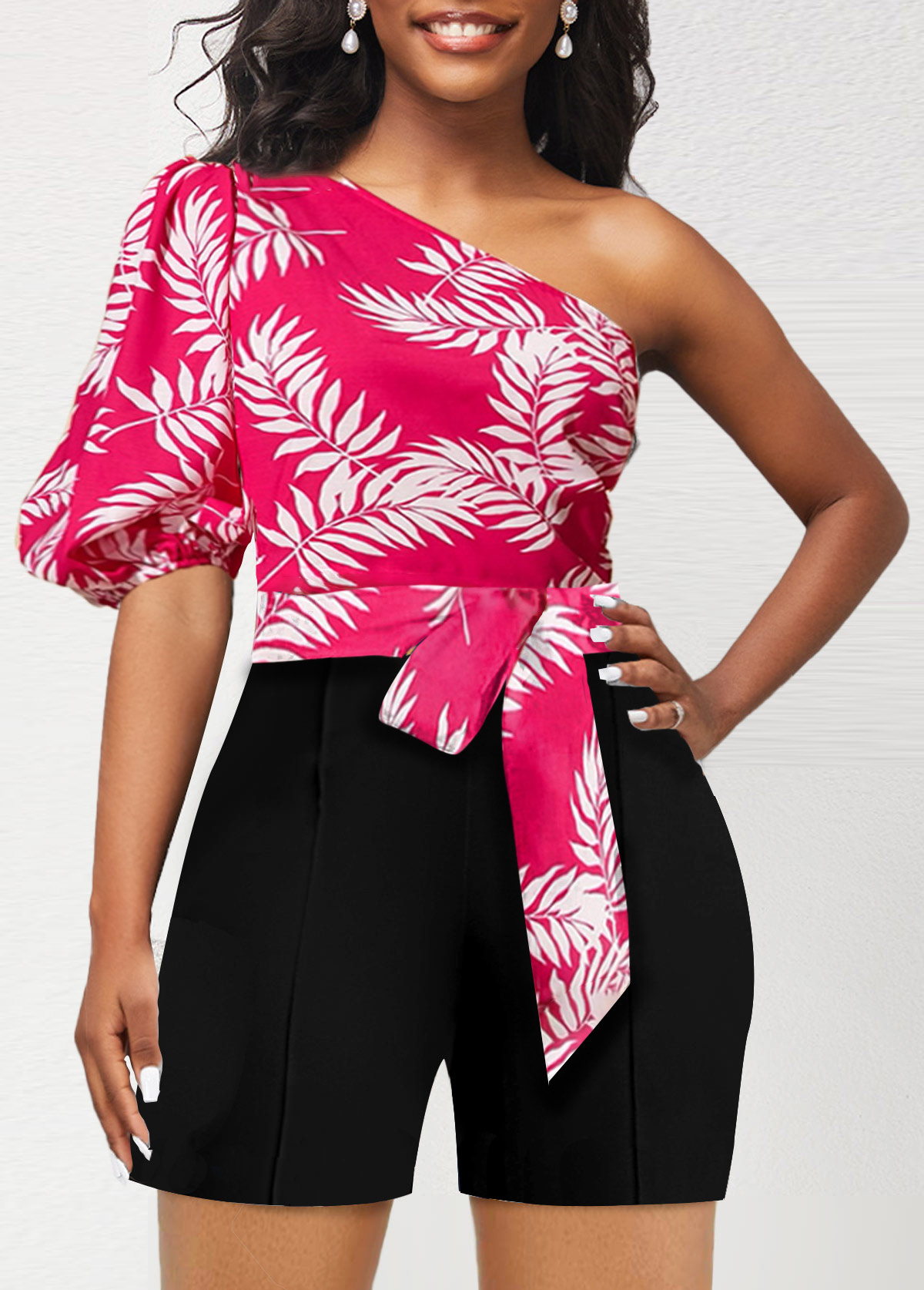 ROTITA Bowknot Plants Print Hot Pink Belted Romper