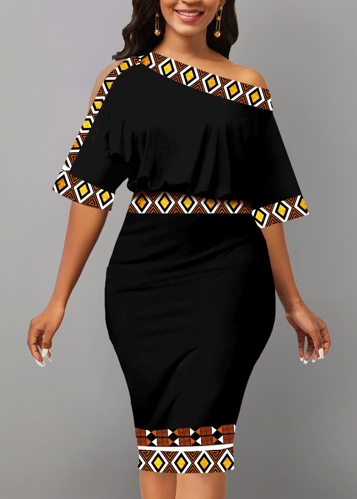 Black dresses,Tribal dresses,Geometric dresses,Striped dresses,ROTITA Asymmetry Tribal Print Black Boat Neck Bodycon Dress