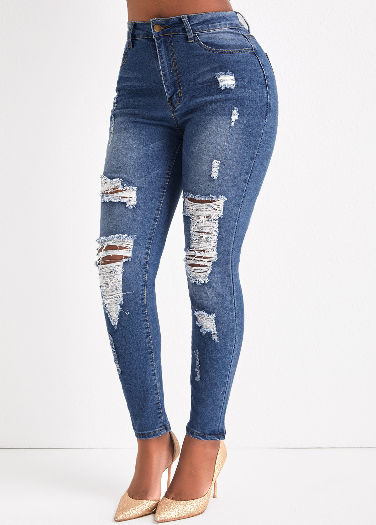 Hole Denim Blue Skinny Zipper Fly Jeans