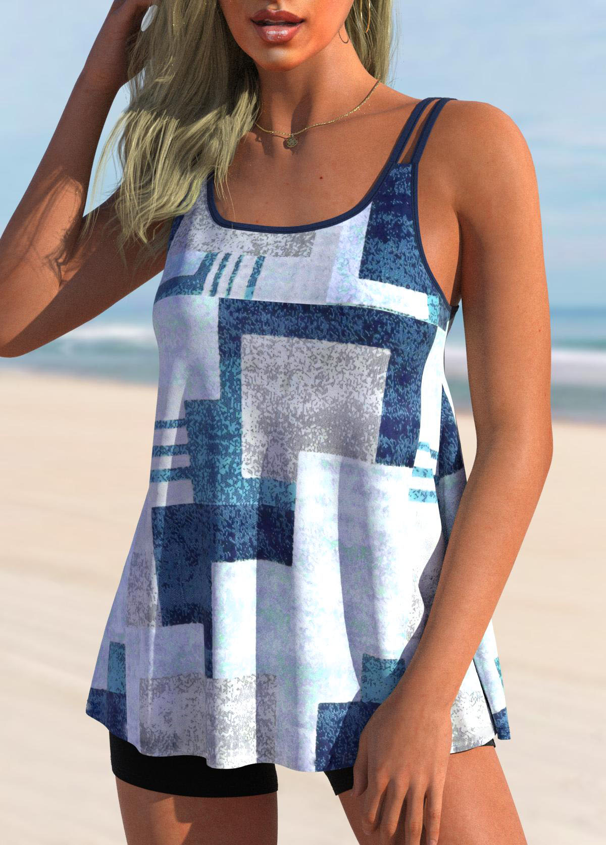 Blue swimwear,Geometric swimwear,ROTITA Geometric Print Double Straps Blue Tankini Top