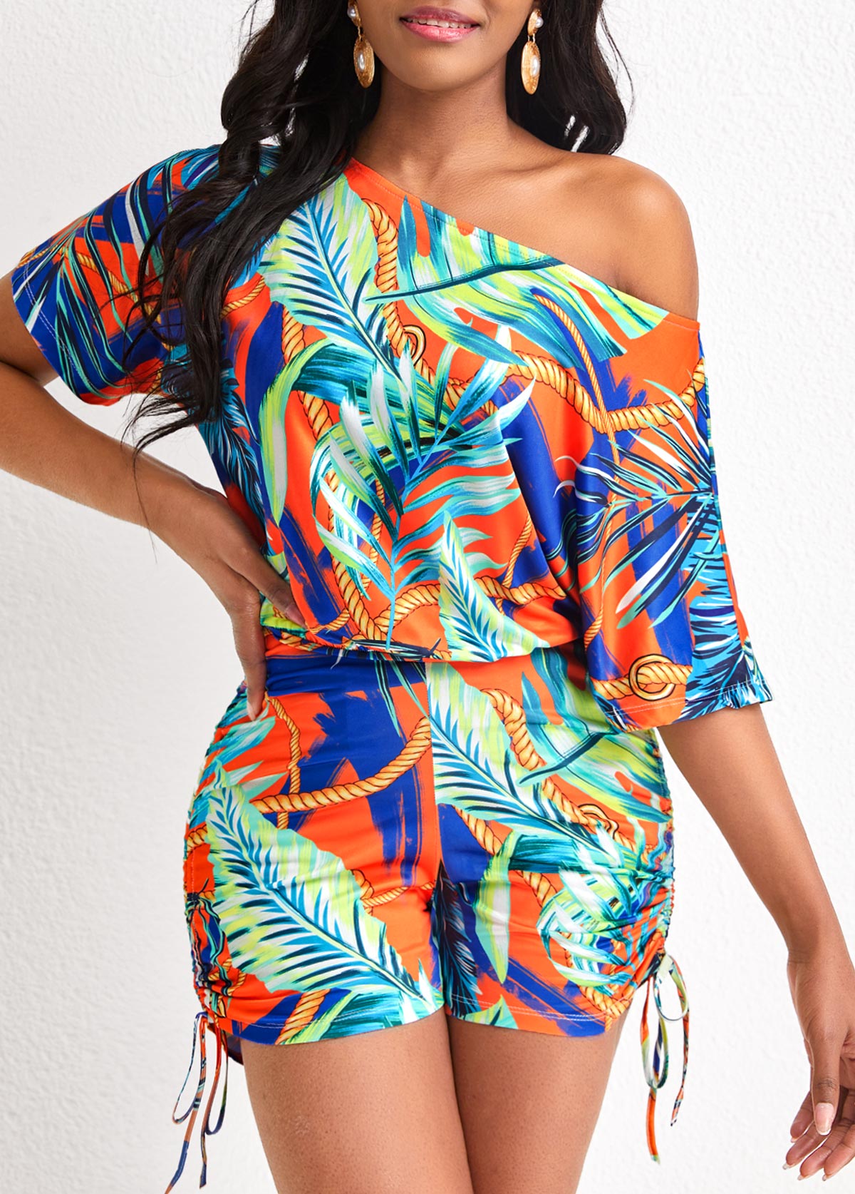 Drawstring Leaf Print Multi Color Romper