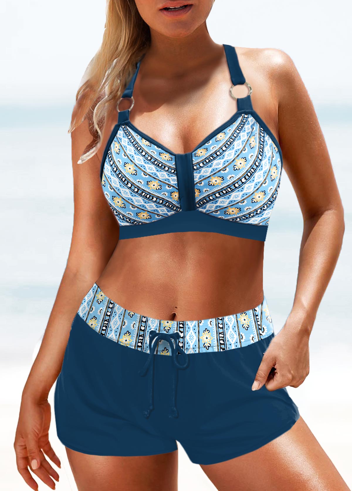 Peacock Blue swimwear,Geometric swimwear,Floral swimwear,ROTITA Metal Ring Peacock Blue Geometric Print Bikini Top
