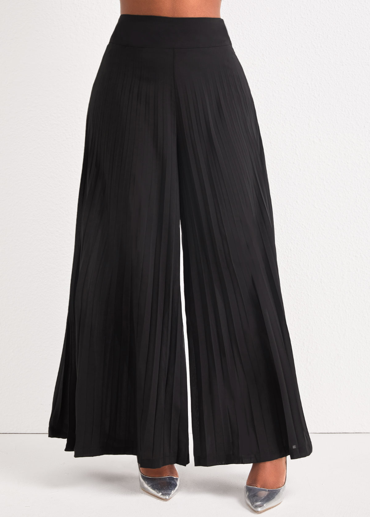 Black bottoms,Plain Color bottoms,Black Elastic Waist Pleated Wide Leg Pants