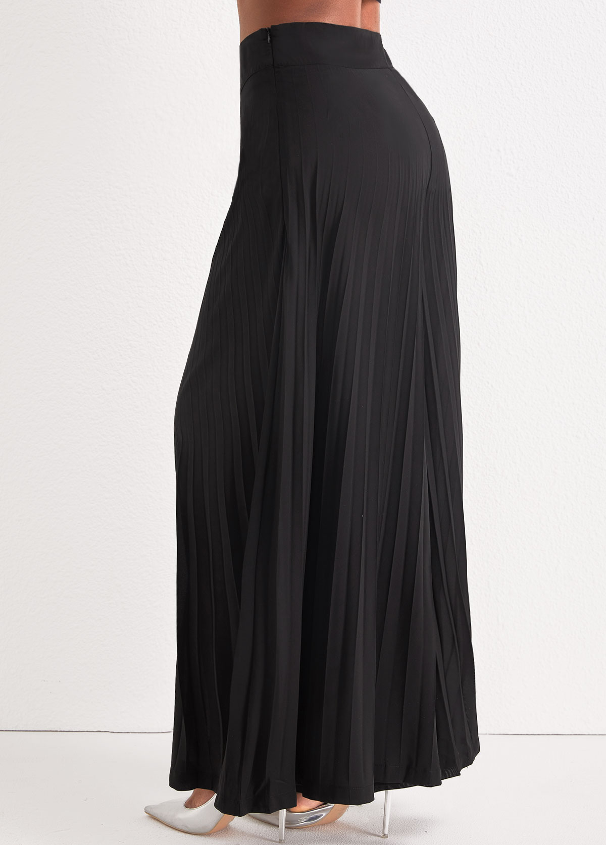 Black bottoms,Plain Color bottoms,Black Elastic Waist Pleated Wide Leg Pants