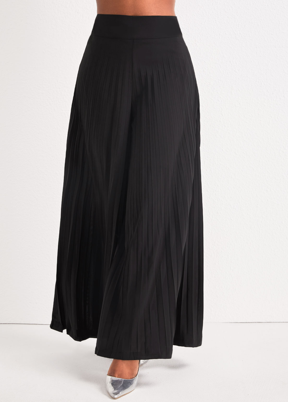 Black bottoms,Plain Color bottoms,Black Elastic Waist Pleated Wide Leg Pants