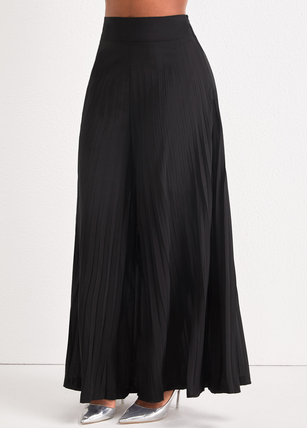 Black bottoms,Plain Color bottoms,Black Elastic Waist Pleated Wide Leg Pants