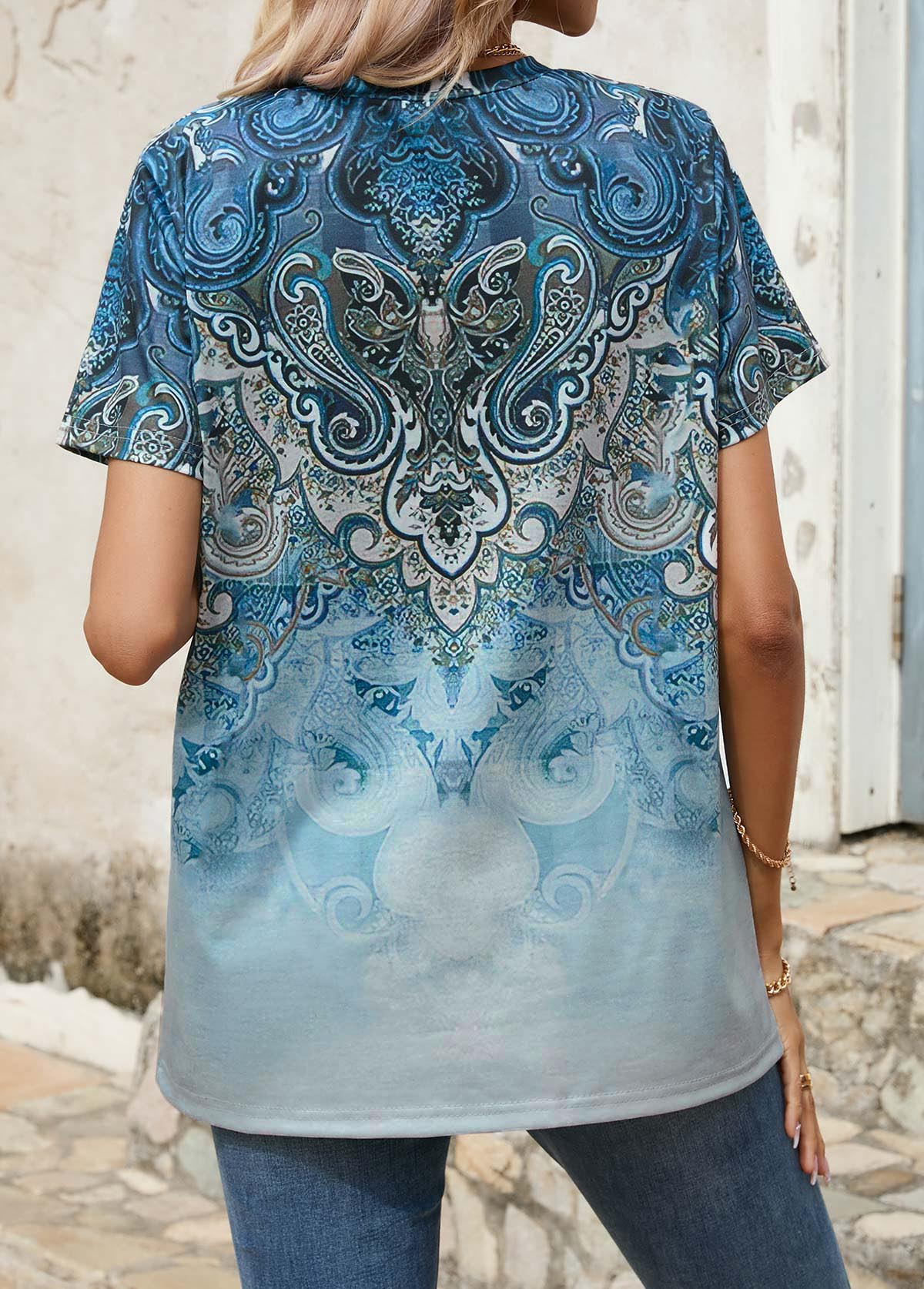 Blue tops,Tribal tops,Paisley tops,Ombre tops,Button Tribal Print Blue Split Neck T Shirt