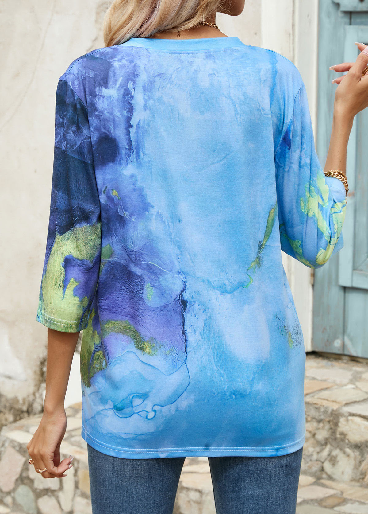 Light Blue tops,Ombre tops,Ombre Light Blue V Neck T Shirt