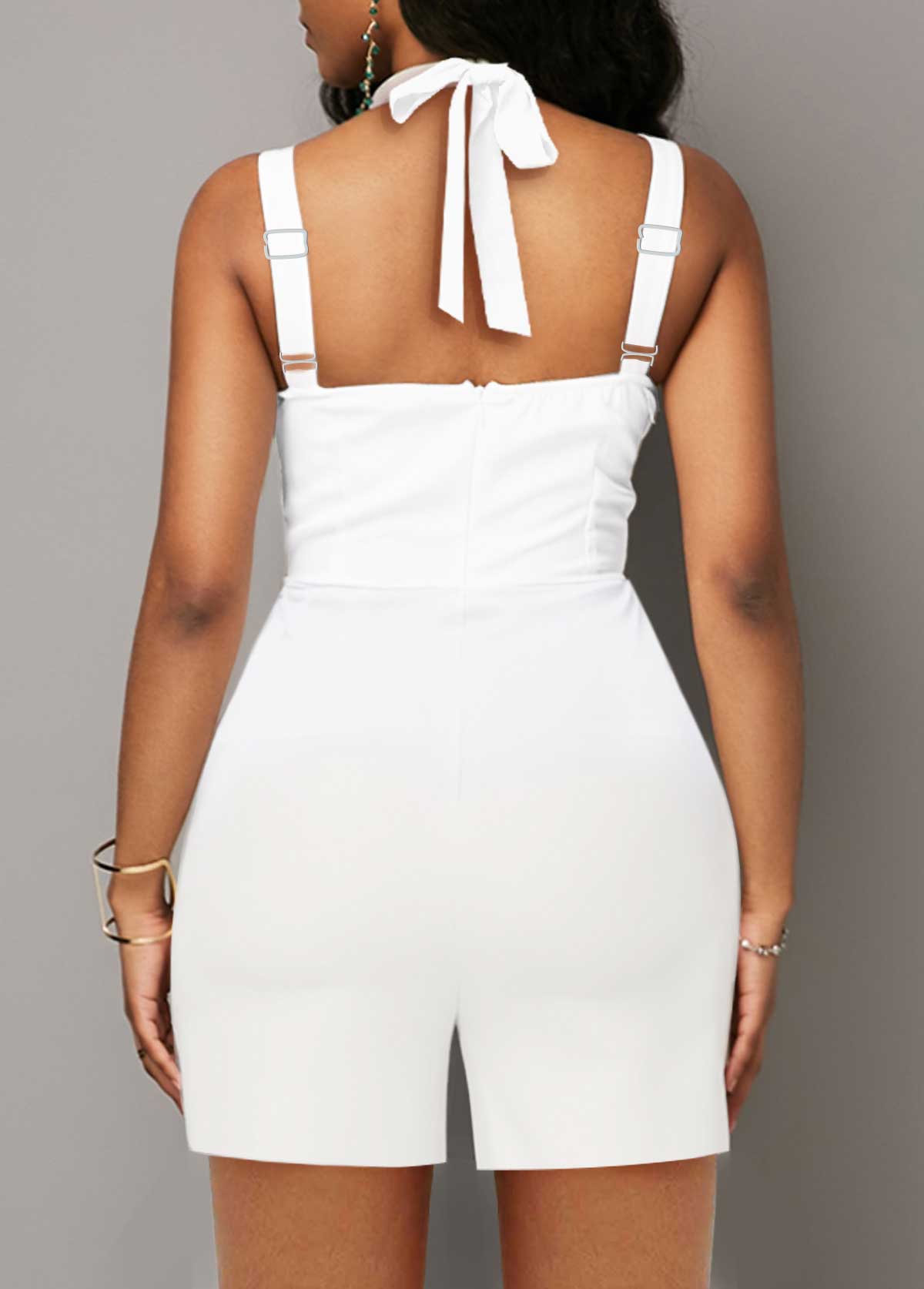 White jumpsuits & rompers,Plain Color jumpsuits & rompers,ROTITA Cut Out White V Neck Sleeveless Romper