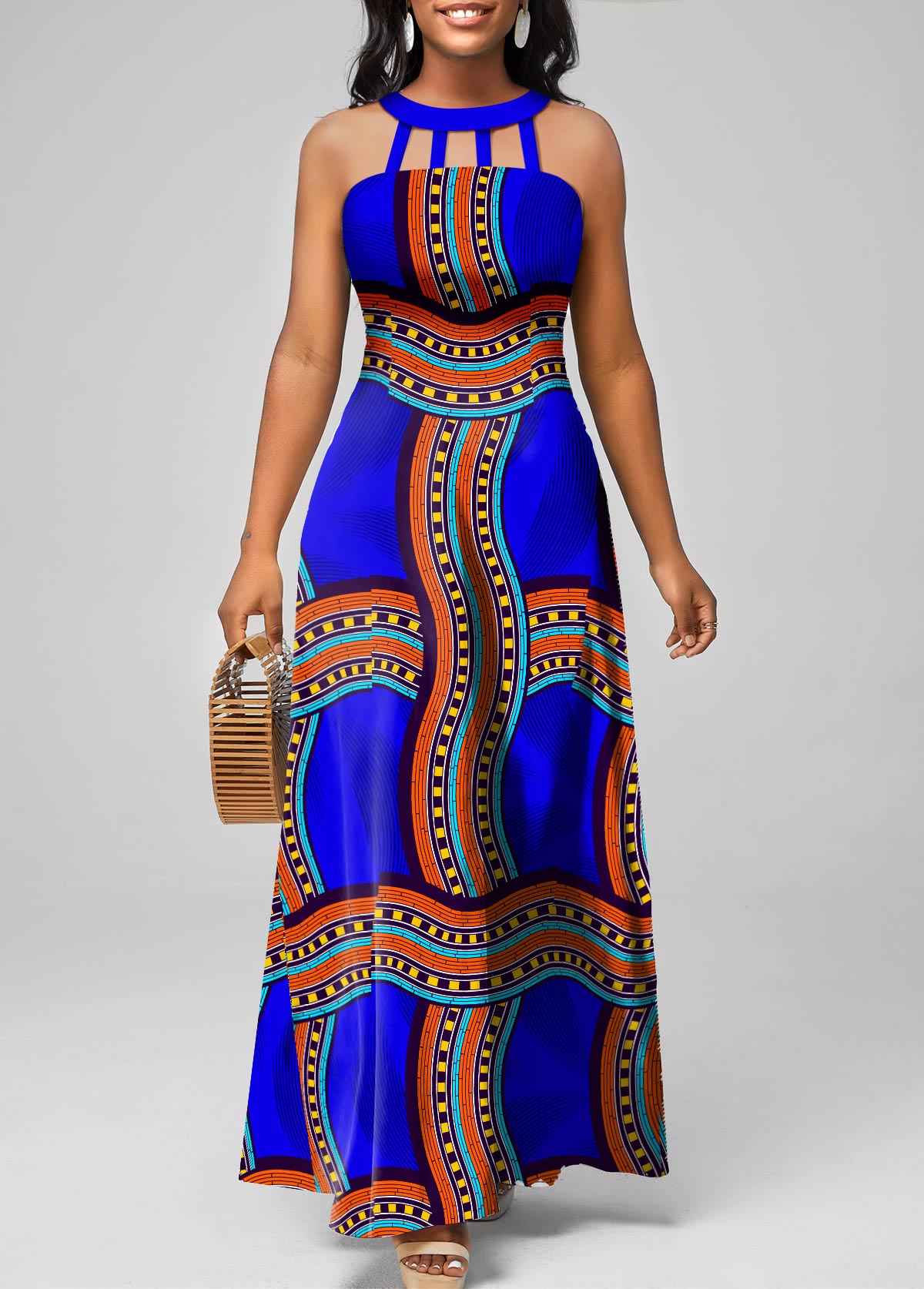 ROTITA Cage Neck Tribal Print Royal Blue Maxi Dress