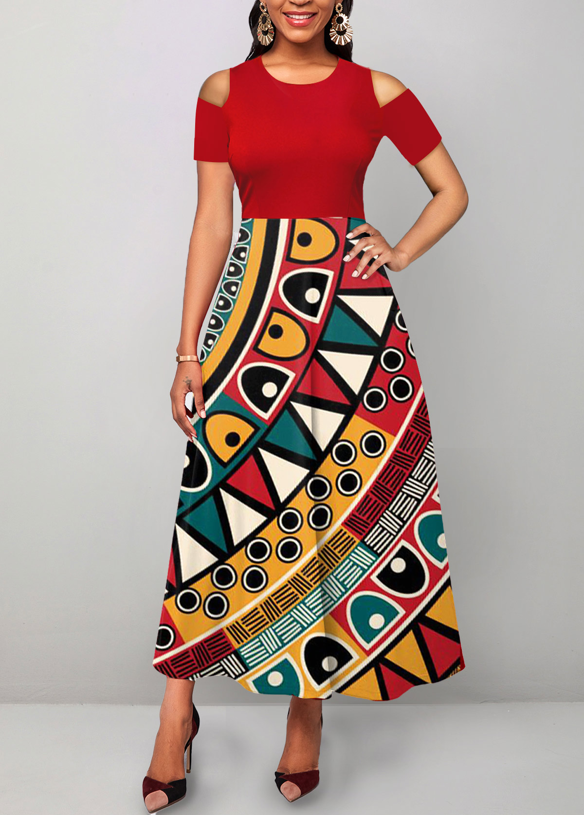 ROTITA Cut Out Tribal Print Red Maxi Dress