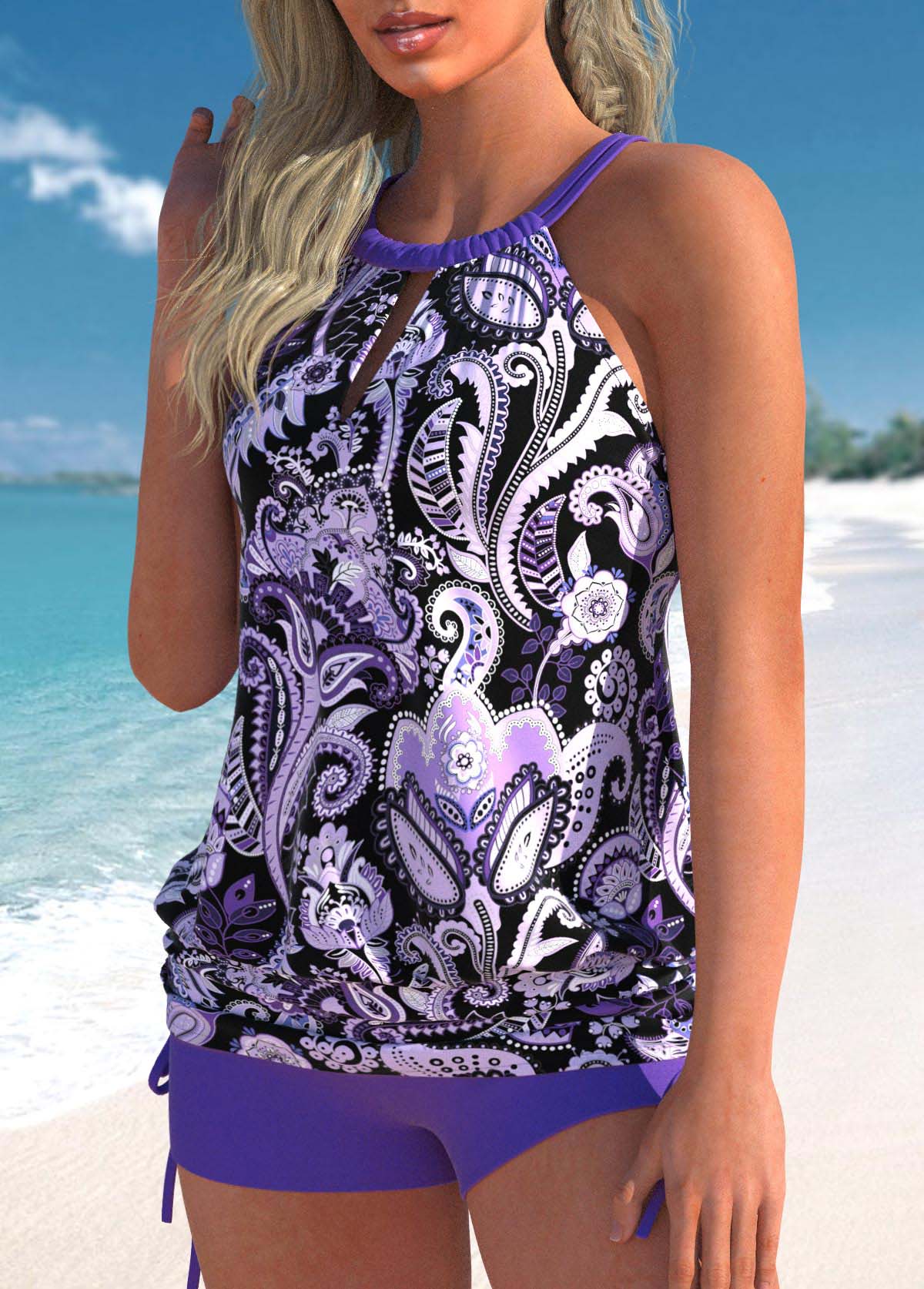 Violet swimwear,Paisley swimwear,Tribal swimwear,Floral swimwear,ROTITA Criss Cross Violet Paisley Print Tankini Top