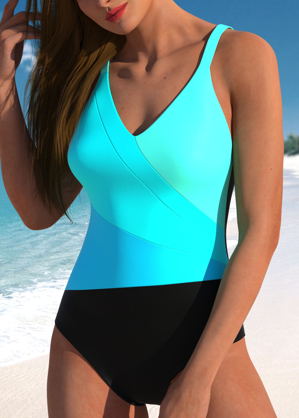 Cyan swimwear,Black swimwear,Contrast Color swimwear,ROTITA Patchwork Wide Strap Cyan One Piece Swimwear