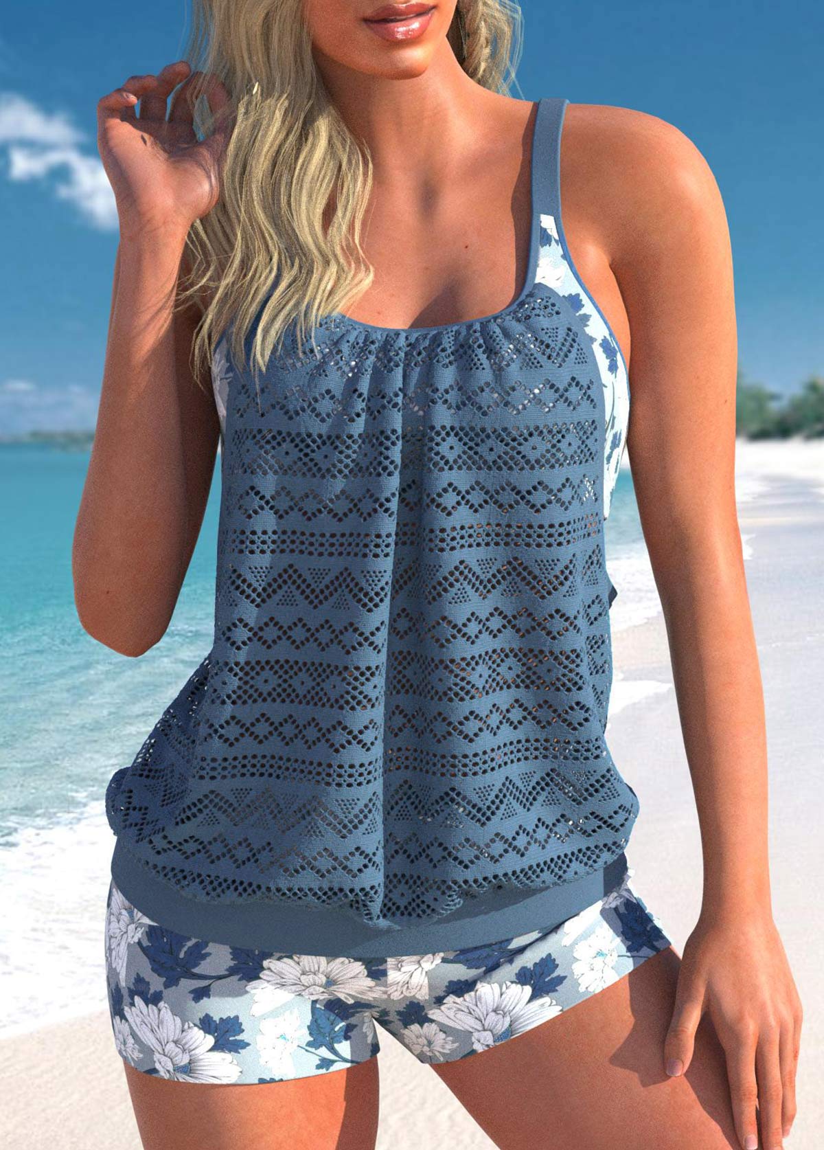 ROTITA Lace Dusty Blue Floral Print Tankini Top-No Bottom